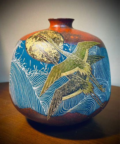 Tanishiki Masato Gasai Kutani Vase - Dual Cranes Moon and Waves