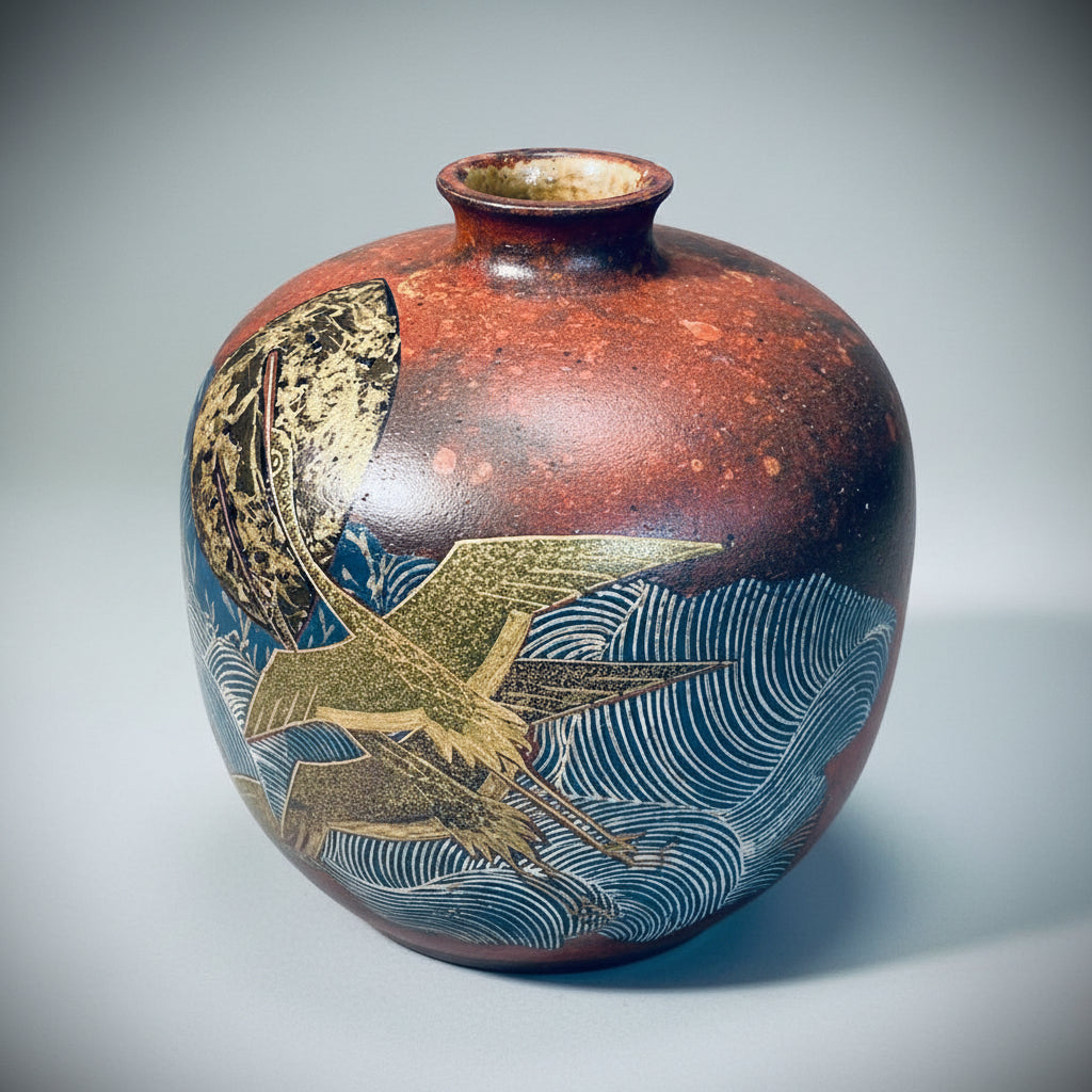 Tanishiki Masato Gasai Kutani Vase - Dual Cranes Moon and Waves
