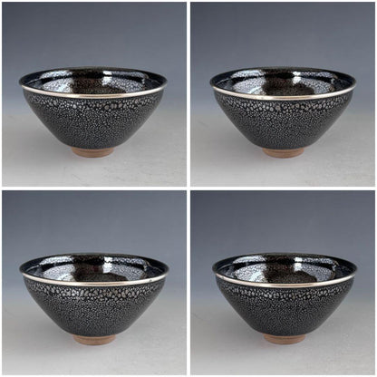 Koie Tsuyoshi Yuteki Tenmoku Chawan — Oil-Spot Tea Bowl with Silver Fukurin, Tomobako & Tomo-nuno