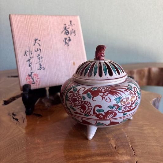 Inuyama Ware Aka-e Incense Burner Phoenix Peony | Japanese Ceramic Koro with Pierced Lid Shishi Finial | Vintage Porcelain Home Altar Decor