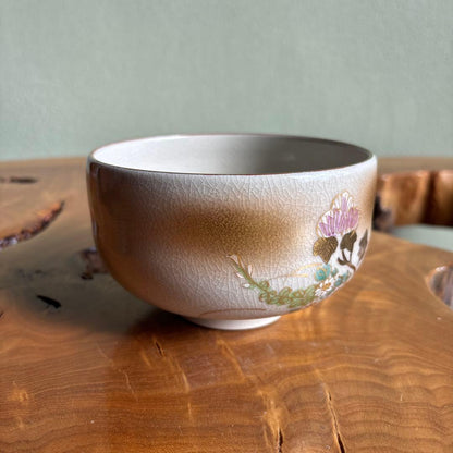 Kutani-yaki Tea Bowl by Roko — White Crackle with Hibiscus and Gold, Delicate Overglaze Enamels