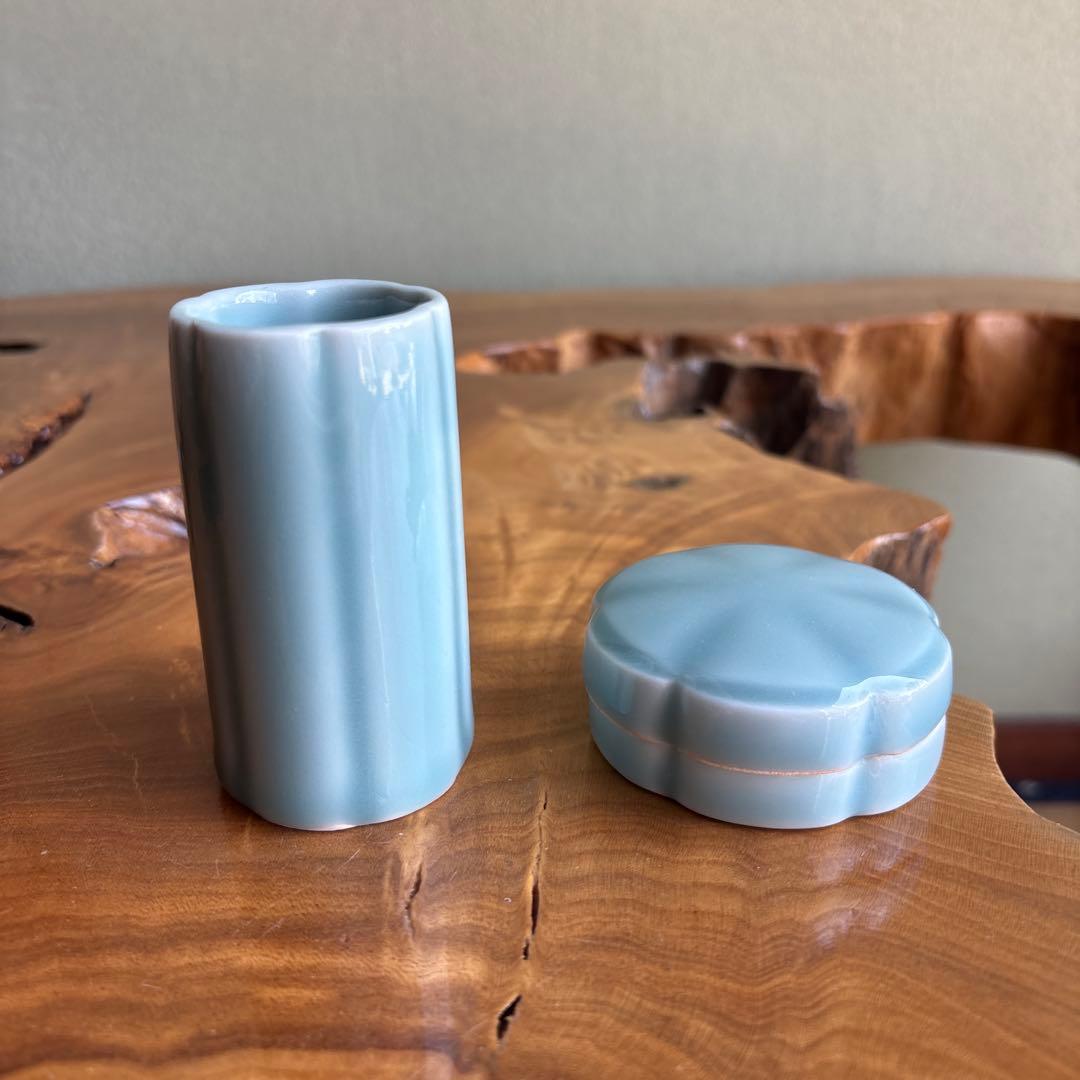 Nabeshima Celadon Kōgō & Kensui Set by Saiun — Signed Tea Ceremony Set