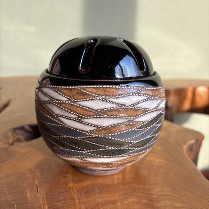 Mukōyama Fumiya Mashiko Incense Burner — Wave Pattern, Ceramic Lid, Wooden Box
