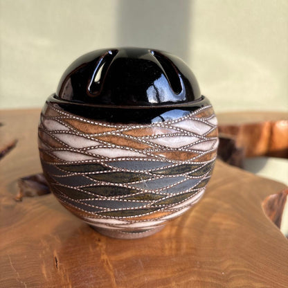 Mukōyama Fumiya Mashiko Incense Burner — Wave Pattern, Ceramic Lid, Wooden Box