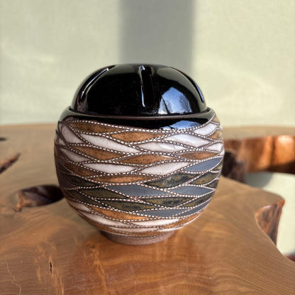 Mukōyama Fumiya Mashiko Incense Burner — Wave Pattern, Ceramic Lid, Wooden Box