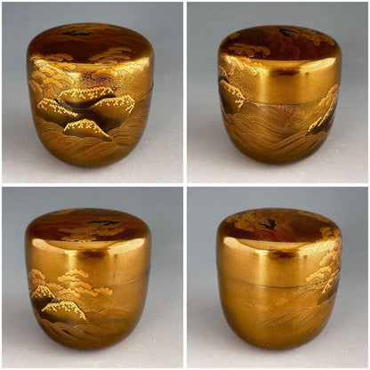 Iwamatsue Maki-e Large Natsume by Yamazaki Toshiharu — Gold Lacquer Tea Caddy, Nashiji Interior, Tomobako