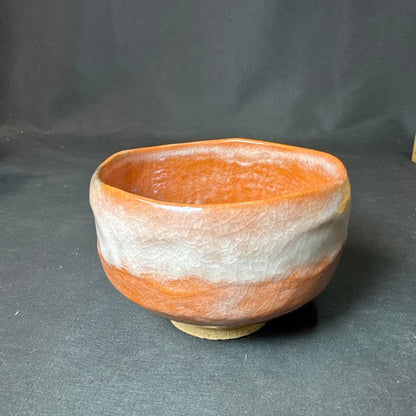 Shoraku Red Raku Tea Bowl with White Band - Chawan with Signed Box