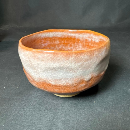 Shoraku Red Raku Tea Bowl with White Band - Chawan with Signed Box
