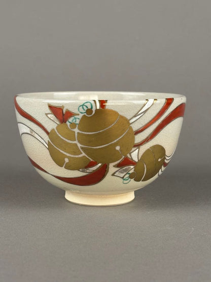 Kudo Juraku Ninsei-Style Suzu Bell Design Tea Bowl — Kyo-yaki Chawan