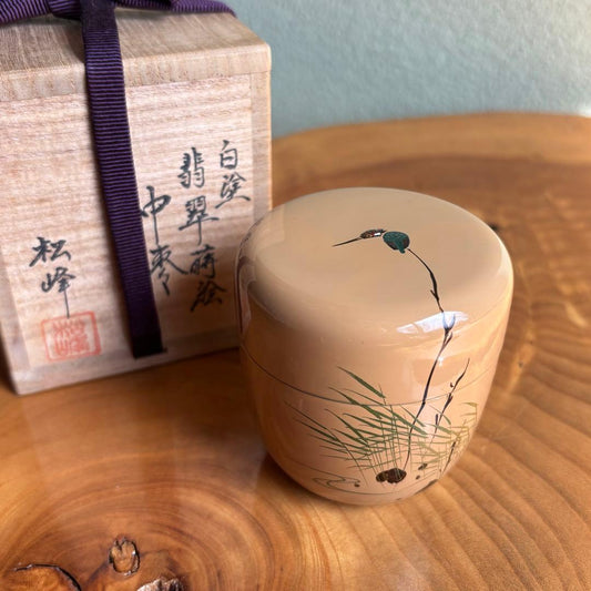 Kingfisher Maki-e Lacquer Tea Caddy by Nakatake Shoho — White Natsume with Signed Box
