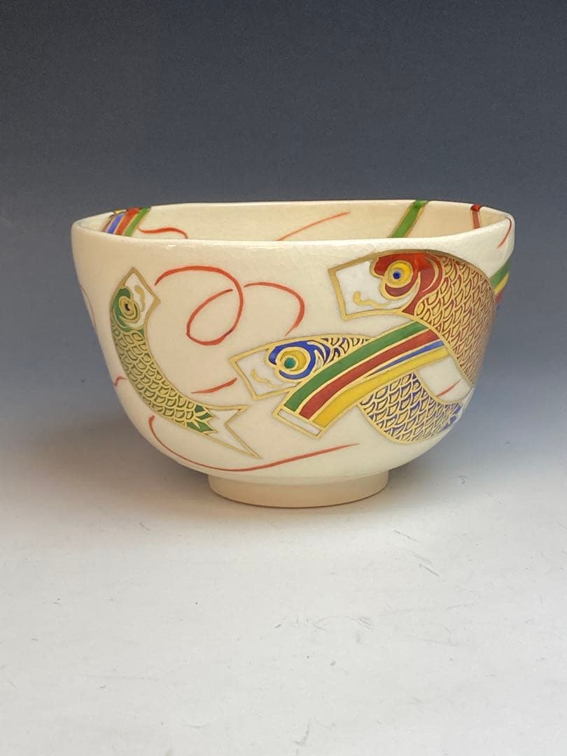 Matcha Bowl Ninsei Koinobori Carp Streamer Overglaze Enamel Tea Bowl