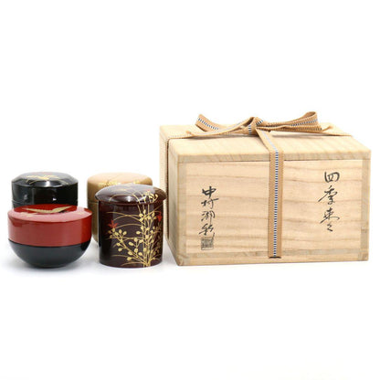 Set of 4 Seasonal Natsume by Nakamura Kosai — Shiki Natsume Maki-e Tea Caddies, Tomobako