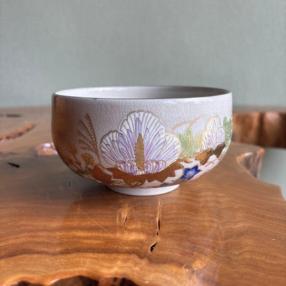 Kutani Chawan by Rokko - Japanese Matcha Bowl with Overglaze Enamel Chrysanthemum and Gold on White Crackle Ground, Signed Box