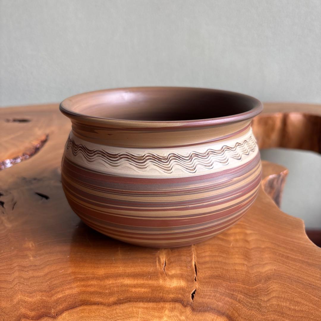 Tokoname Kensui Waste Water Bowl by Yūhō — Nerikomi Striped Clay, Tea Ceremony