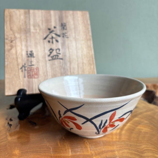 Ichikawa Tsuzo Orchid Matcha Bowl — Overglaze Enamel Ran-ka, Signed Wood Box