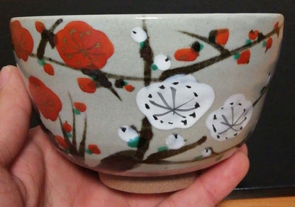 Kenzan Style Chawan by Houzan — Red Plum Painting with Sosei Inscription Box