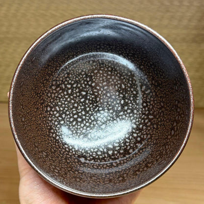 Yuteki Oil-Spot Tenmoku Tea Bowl - Japanese Black Glaze Chawan with Silver Spots