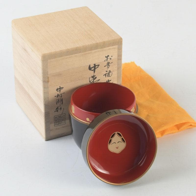 Otafuku Maki-e Natsume Tea Caddy by Nakamura Kosai | Gold Lacquer with Silk Pouch