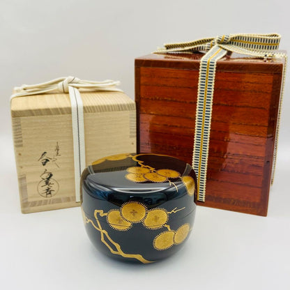 Maehata Shunsai — Hira-natsume Karamatsu Maki-e Tea Caddy, Silver Interior, Double Box