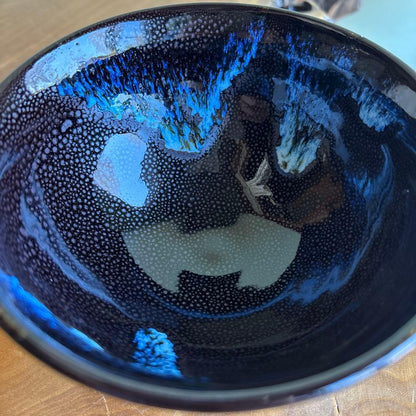 Blue Oilspot Tenmoku Tea Bowl by Takagi Hiroshi - Aoryu Yutekiten Chawan from Hiroshi Kiln - Japanese Matcha Bowl with Signed Tomobako