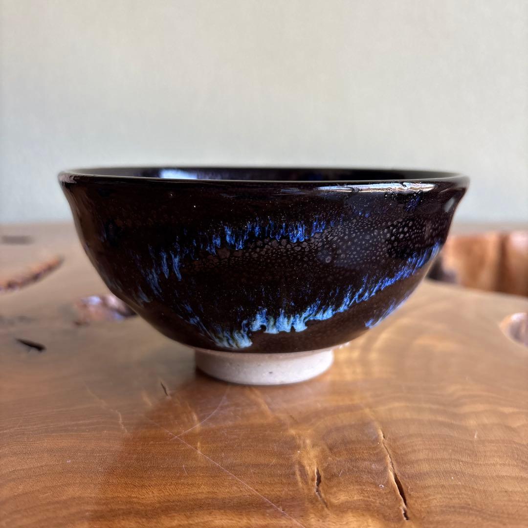 Blue Oilspot Tenmoku Tea Bowl by Takagi Hiroshi - Aoryu Yutekiten Chawan from Hiroshi Kiln - Japanese Matcha Bowl with Signed Tomobako