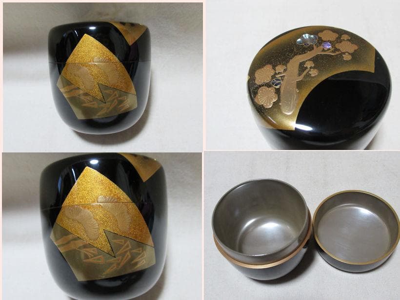 Ichigo Iccho Wajima Maki-e Tea Caddy - Gold Pine Bamboo Plum Natsume with Signed Box