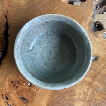 Ash Glaze Chawan by Junshi — Blue-Grey Iron Landscape Matcha Bowl, Dated 1972, with Tomobako