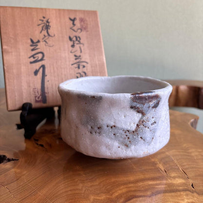 Shino Glaze Tea Bowl by Ryugama Kiln - Japanese Matcha Chawan with Signed Box, Wabi-Sabi White Ceramic