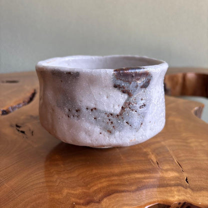 Shino Glaze Tea Bowl by Ryugama Kiln - Japanese Matcha Chawan with Signed Box, Wabi-Sabi White Ceramic