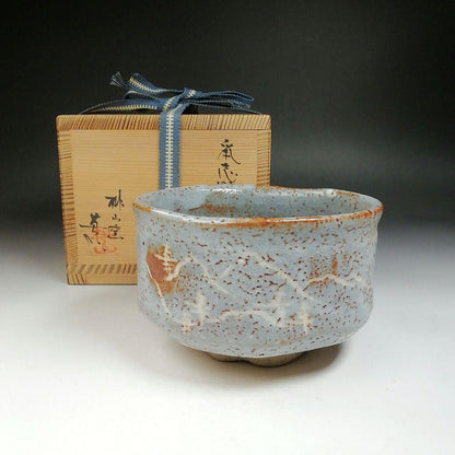 Nezumi Shino Tea Bowl by Hayashi Eiji — Momoyama Kiln Grey Shino Chawan with Iron Speckle Glaze