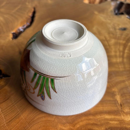 Ninsei-Style Iroe Kakitsubata Matcha Bowl by Hashimoto Kisen — Kyoto Overglaze Enamels, Yatsuhashi Iris Motif, Signed Wooden Box