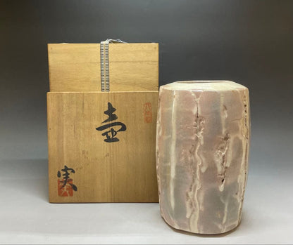 Hagi-Yaki Flower Vase by Studio Artist — Faceted Form, Pink Blush Glaze, Kannyu Crackle, Tomobako
