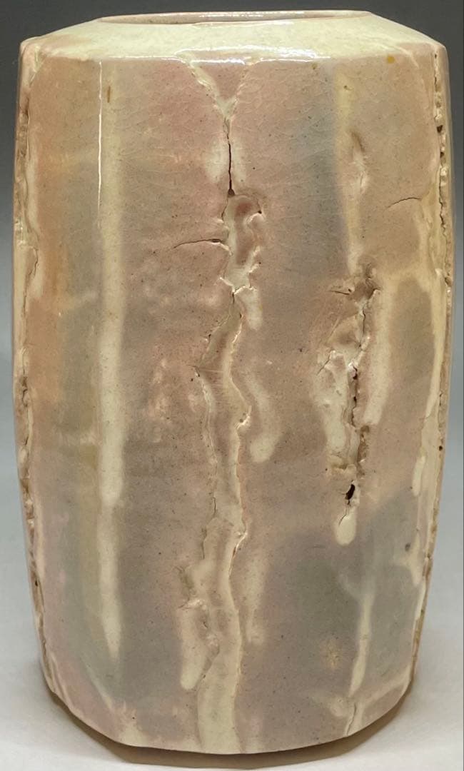 Hagi-Yaki Flower Vase by Studio Artist — Faceted Form, Pink Blush Glaze, Kannyu Crackle, Tomobako