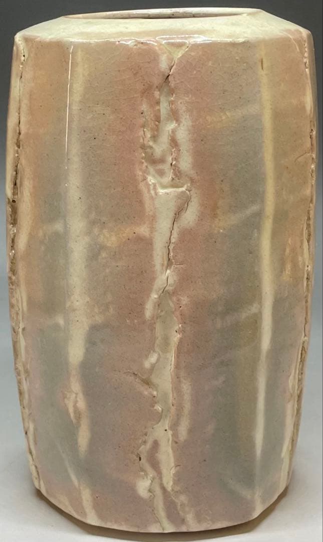 Hagi-Yaki Flower Vase by Studio Artist — Faceted Form, Pink Blush Glaze, Kannyu Crackle, Tomobako