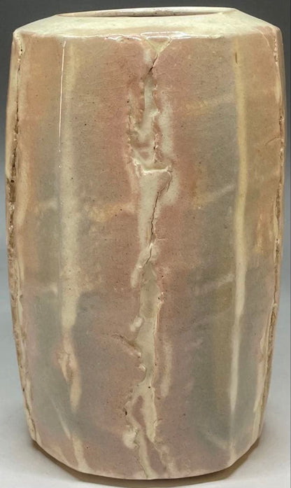 Hagi-Yaki Flower Vase by Studio Artist — Faceted Form, Pink Blush Glaze, Kannyu Crackle, Tomobako
