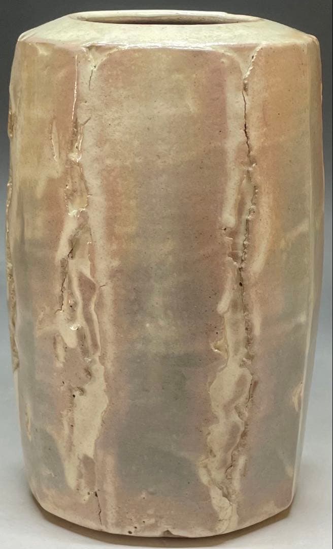 Hagi-Yaki Flower Vase by Studio Artist — Faceted Form, Pink Blush Glaze, Kannyu Crackle, Tomobako