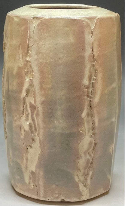 Hagi-Yaki Flower Vase by Studio Artist — Faceted Form, Pink Blush Glaze, Kannyu Crackle, Tomobako
