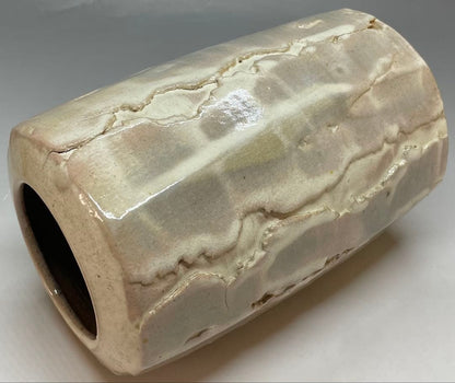 Hagi-Yaki Flower Vase by Studio Artist — Faceted Form, Pink Blush Glaze, Kannyu Crackle, Tomobako