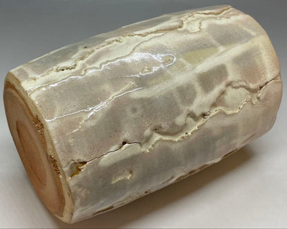 Hagi-Yaki Flower Vase by Studio Artist — Faceted Form, Pink Blush Glaze, Kannyu Crackle, Tomobako