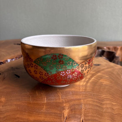 Kutani Ware Matcha Bowl by Meizan — Gold Ground Shippou-Kuzushi with Waka Poetry Interior, Signed Wooden Box