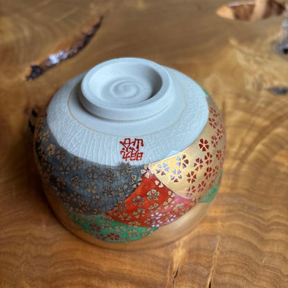 Kutani Ware Matcha Bowl by Meizan — Gold Ground Shippou-Kuzushi with Waka Poetry Interior, Signed Wooden Box