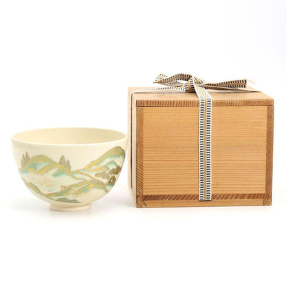 Mountain Path Landscape Iro-e Chawan by Sugita Shohei — Seikanji Kiln Kyoto