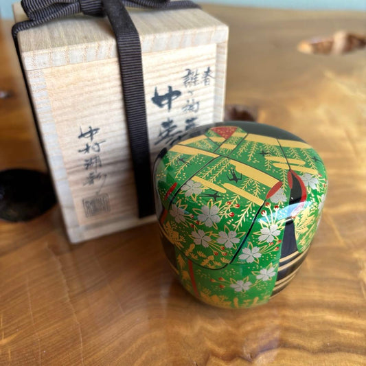 Nakamura Kosai Taga-sode Maki-e Natsume, Spring — Vivid Green with Cherry Blossoms and Bamboo, Signed Box