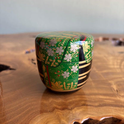 Nakamura Kosai Taga-sode Maki-e Natsume, Spring — Vivid Green with Cherry Blossoms and Bamboo, Signed Box