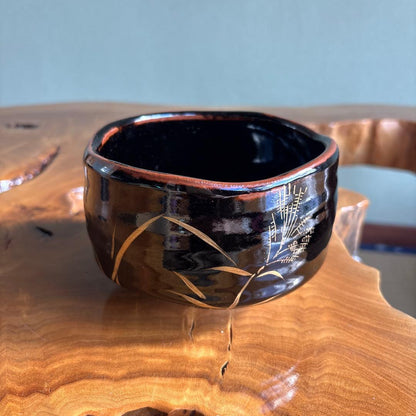 Kutani Ware Shuho Tenmoku Chawan - Gold Autumn Grass Japanese Tea Bowl