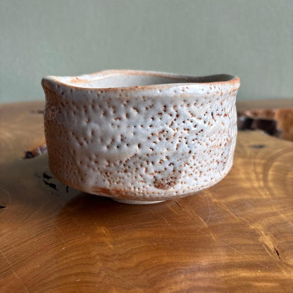 Shino Tea Bowl by Shusaku - Japanese Matcha Chawan with Kairagi Pitting and Signed Box