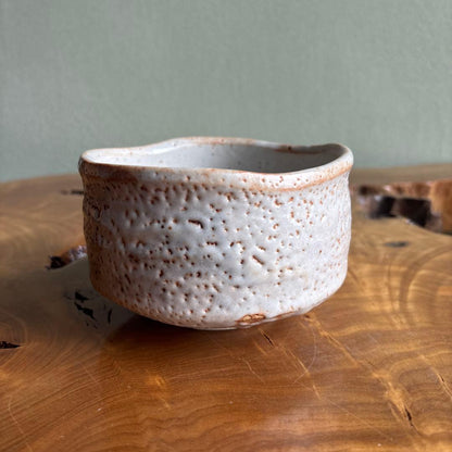 Shino Tea Bowl by Shusaku - Japanese Matcha Chawan with Kairagi Pitting and Signed Box
