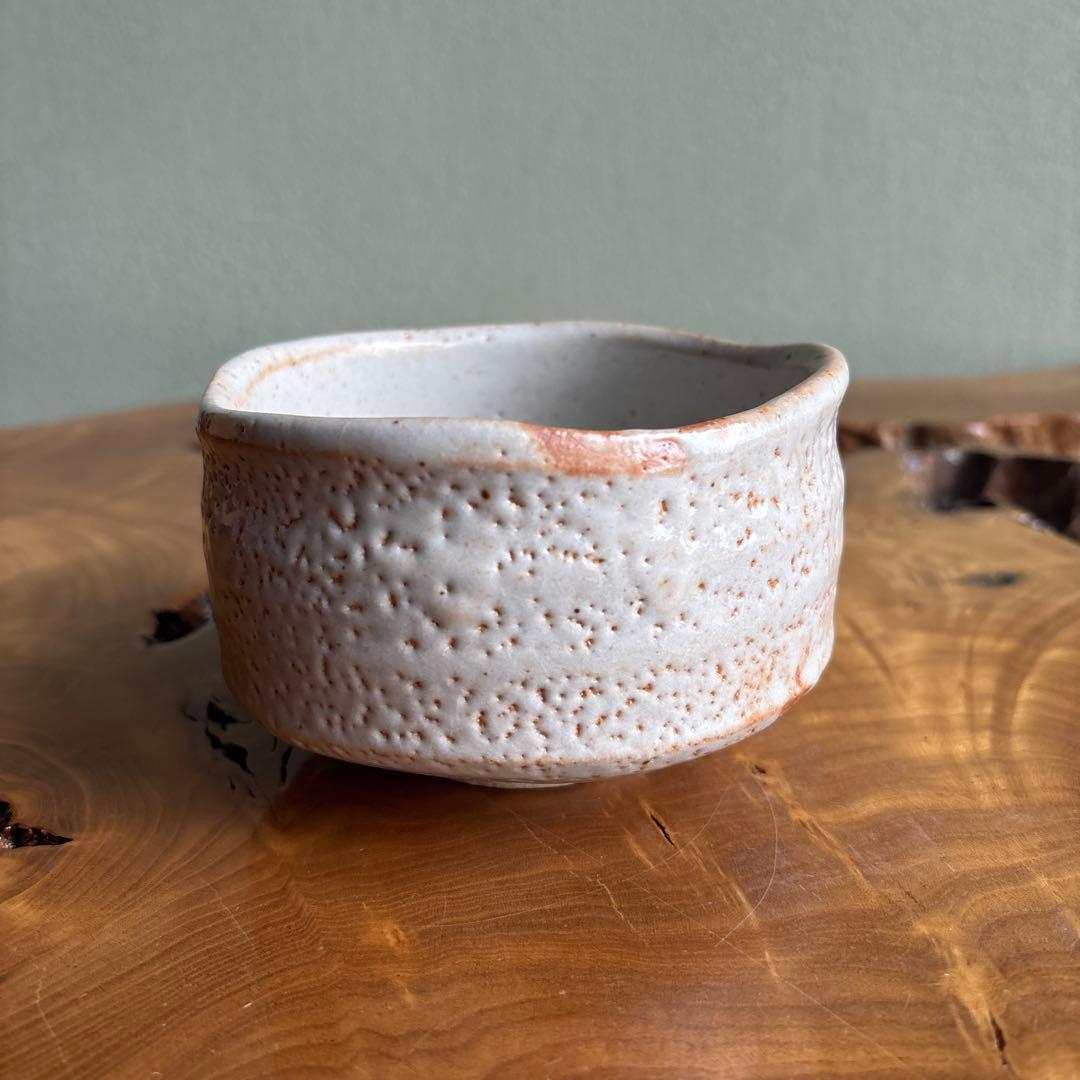 Shino Tea Bowl by Shusaku - Japanese Matcha Chawan with Kairagi Pitting and Signed Box