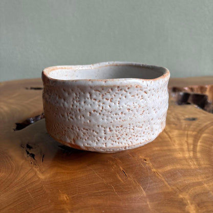 Shino Tea Bowl by Shusaku - Japanese Matcha Chawan with Kairagi Pitting and Signed Box