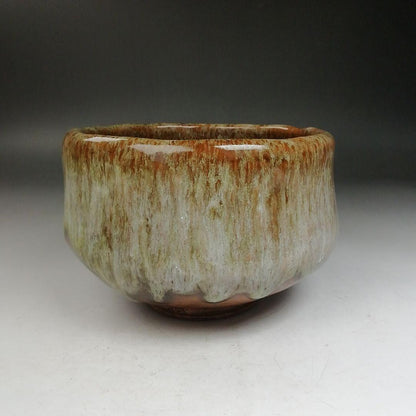 Ohi Ware Tea Bowl by Ohi Ippei — Amber Kaki Glaze, Drip Rim Effect, Signed Box, Kanazawa Kiln